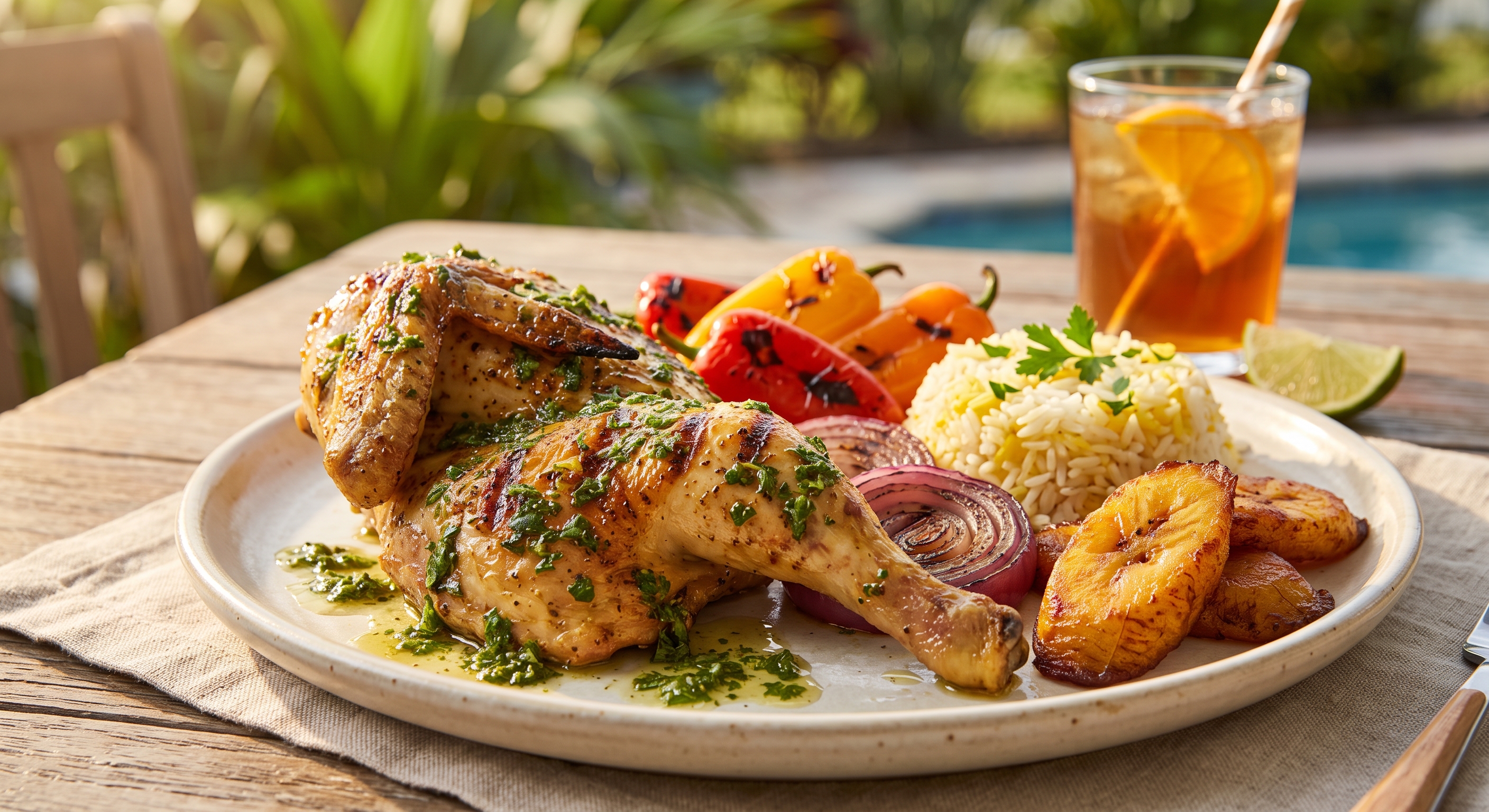 Sunshine Chicken with rice, grilled peppers, onions, and plantains
