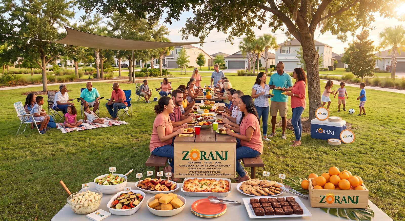 Family, friends, and neighbors sharing food outdoors