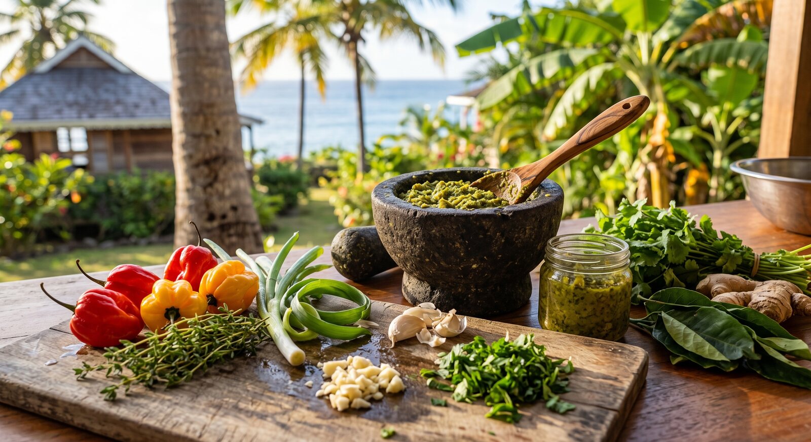 Island aromatics, epis, peppers, herbs, and spices