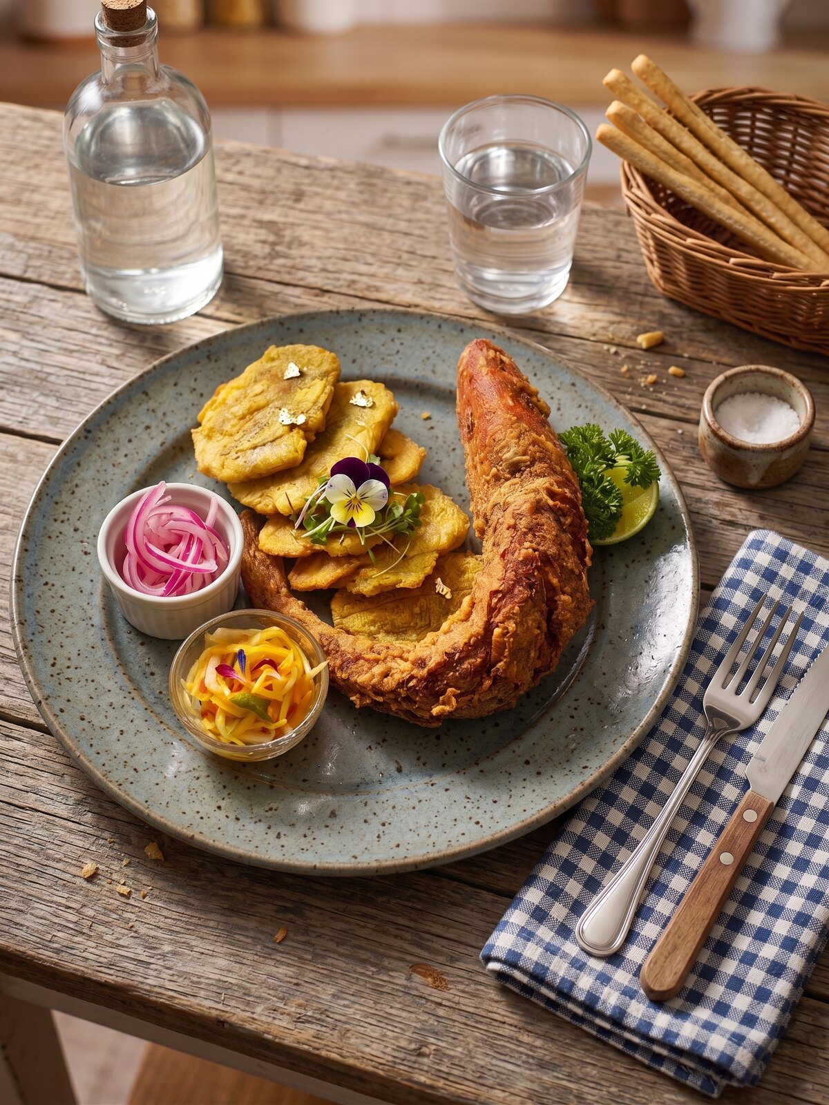 Whole fried Florida red snapper served with plantains, pikliz, and lime