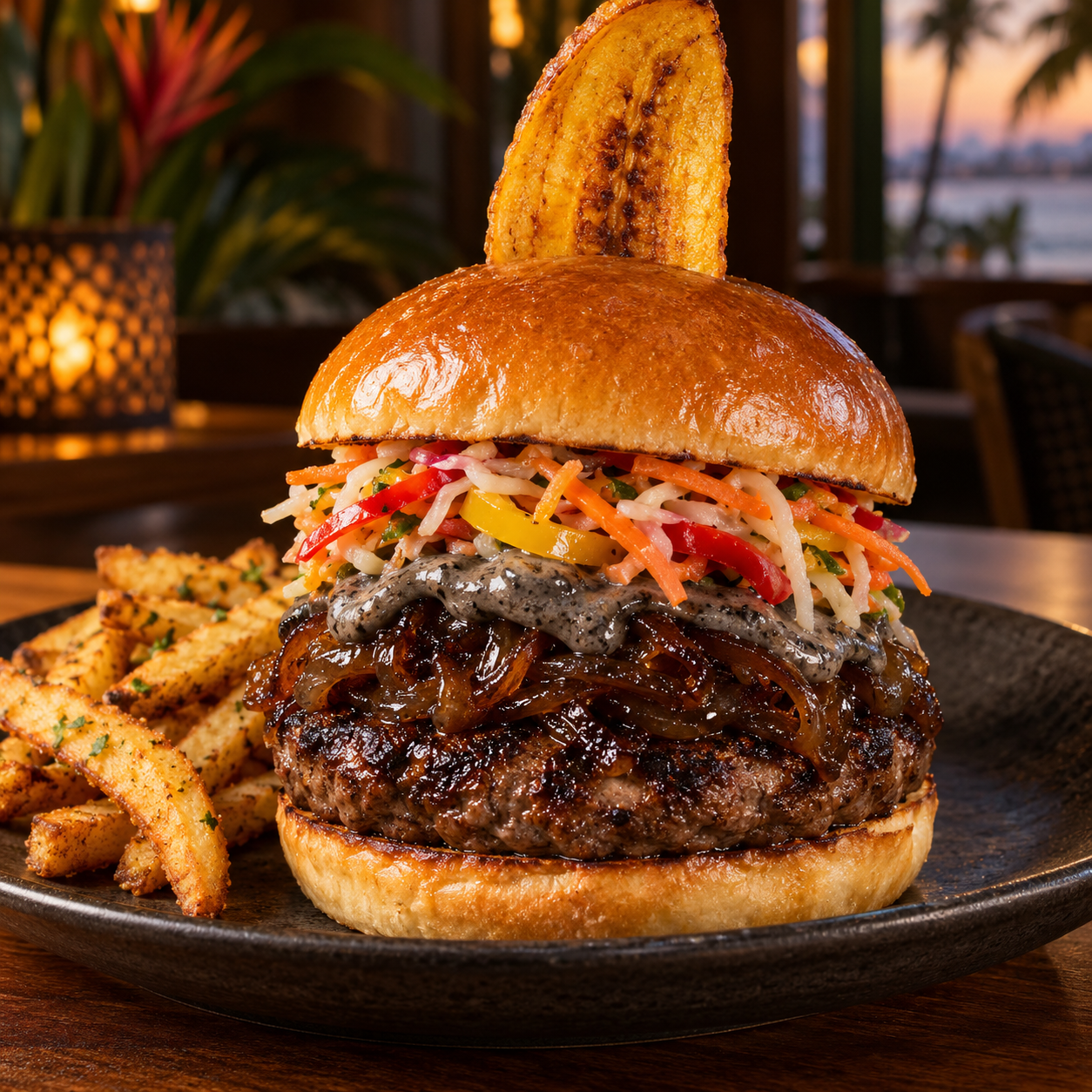 ZORANJ Caribbean Burger with pikliz, djon djon aioli, and a crisp plantain wafer