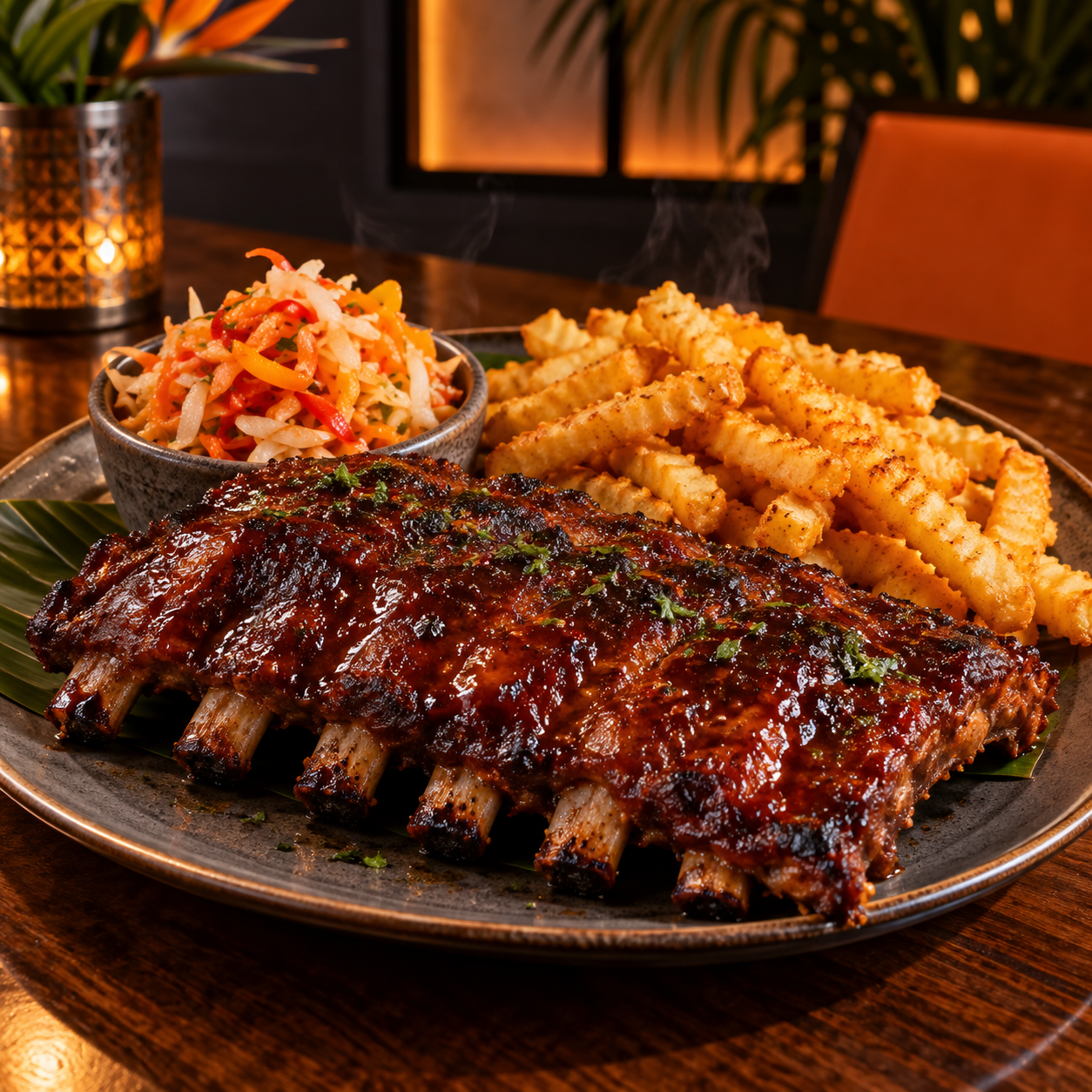 ZORANJ Pork Ribs with Rhum Barbancourt barbecue glaze, house pikliz, and seasoned fries