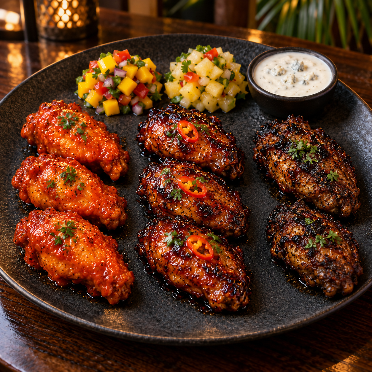 Eight ZORANJ Wings in Buffalo, Sugar Kann, and Jerk styles with accompanying sauces and salsas